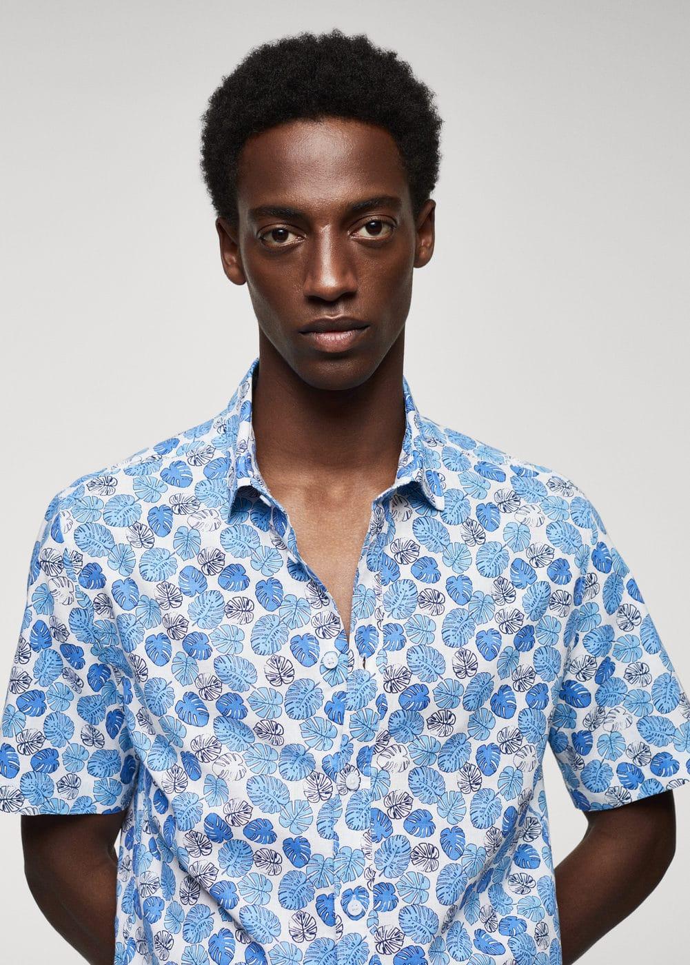 MANGO MAN - 100% cotton short-sleeved printed shirt blueMen Product Image