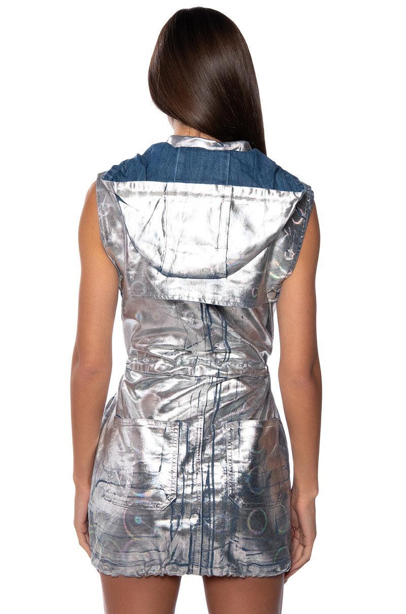 QUASAR FOIL EFFECT DENIM HOODIE MINI DRESS Product Image