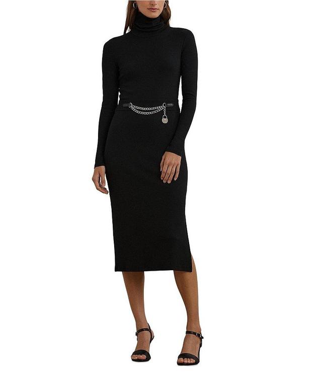 Lauren Ralph Lauren Knit Turtle Neck Long Sleeve Chain Detail Midi Dress Product Image