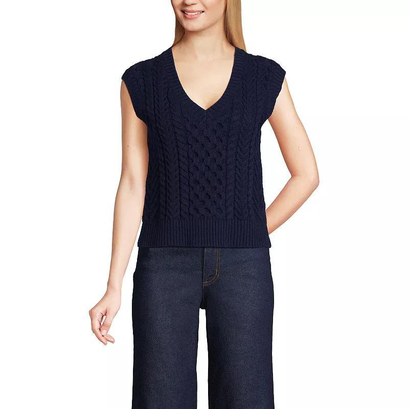 Womens Lands End Cable Sweater Vest Deep Blue Product Image