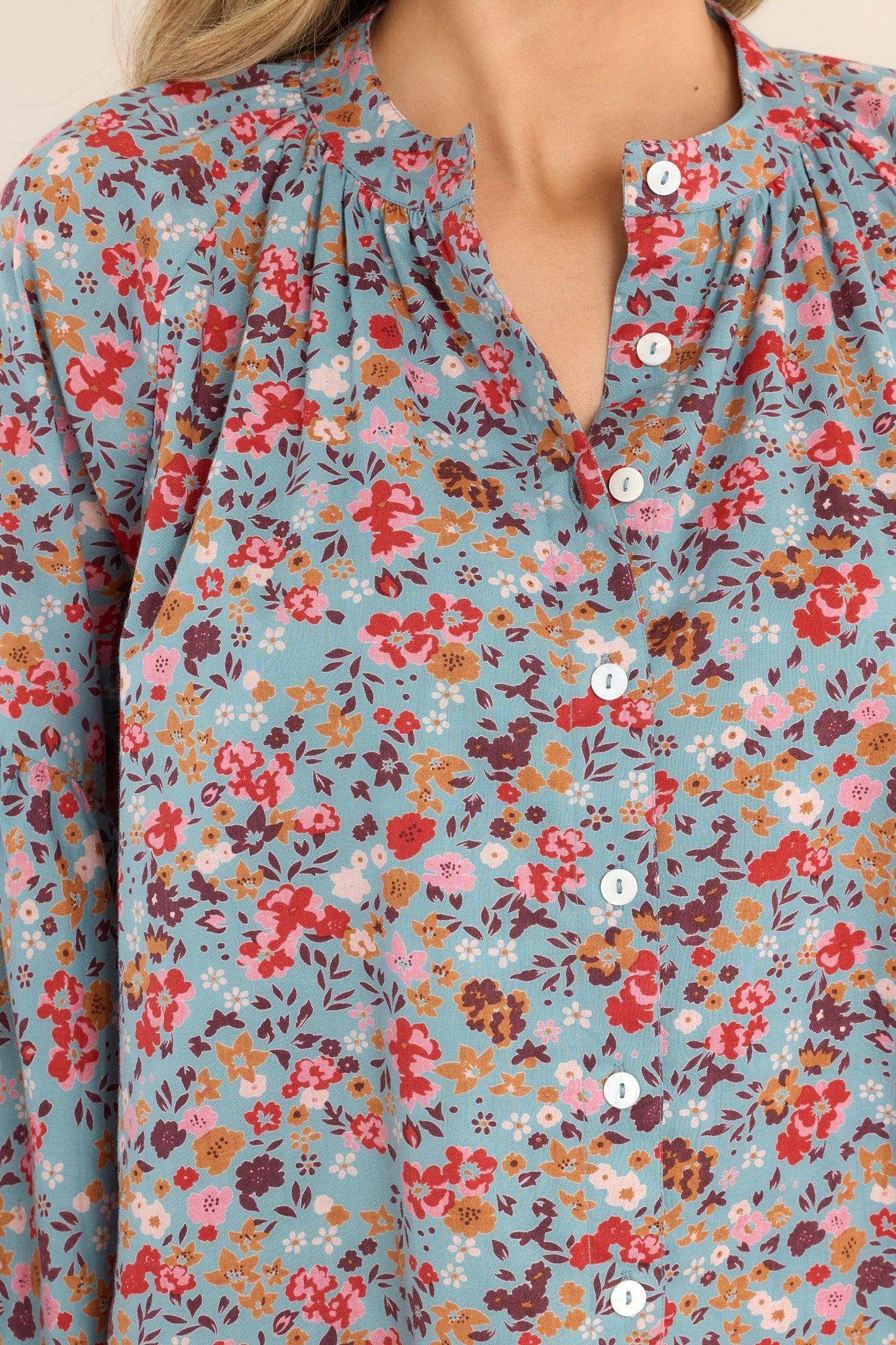 Emory Chalet Floral Cotton Button Front Top Blue Product Image