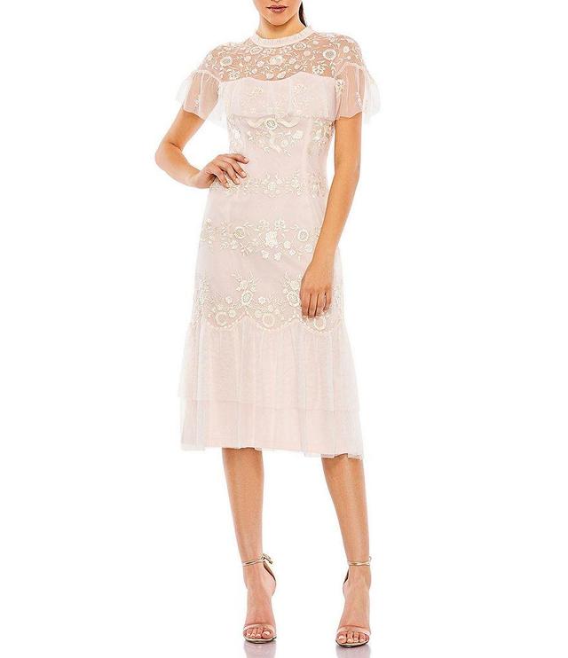 Mac Duggal Embroidered Crew Neck Short Ruffled Sleeve Dress Product Image