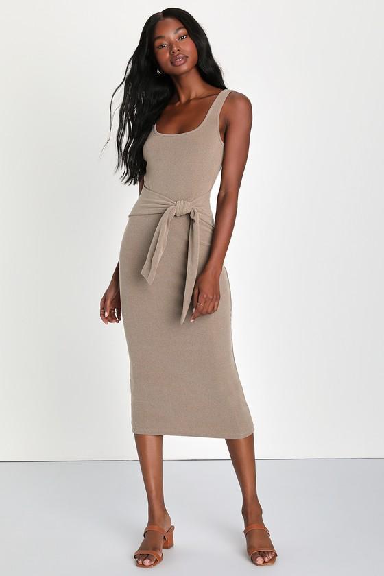 Optimistic Essence Taupe Ribbed Knit Tie-Front Midi Dress Product Image