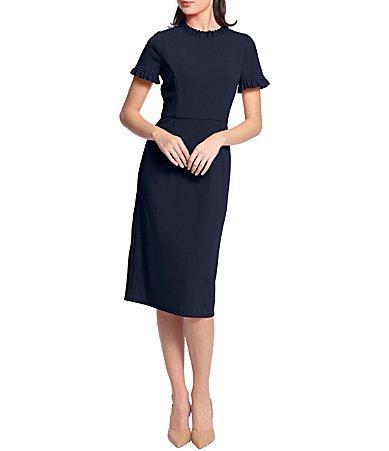 Maggy London Ruffle Mock Neck Short Sleeve Stretch Crepe Midi Pencil Sheath Dress Product Image