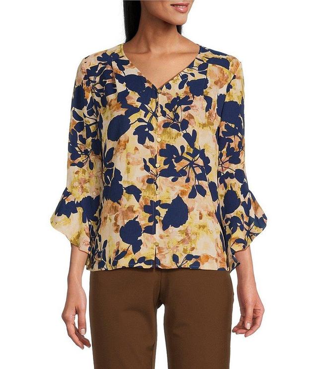 Investments Floral Shadow Print Woven Faux Button Front V-Neck 3/4 Flare Ruffle Sleeve Top Product Image