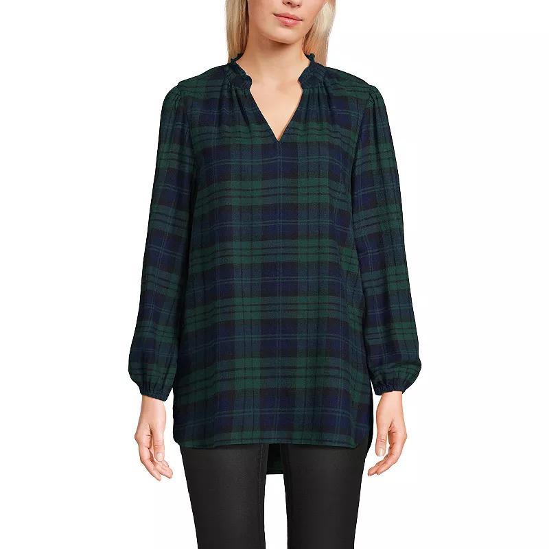 Womens Lands End Brushed Flannel Ruffle Split Neck Tunic Deep Green Plaid product image