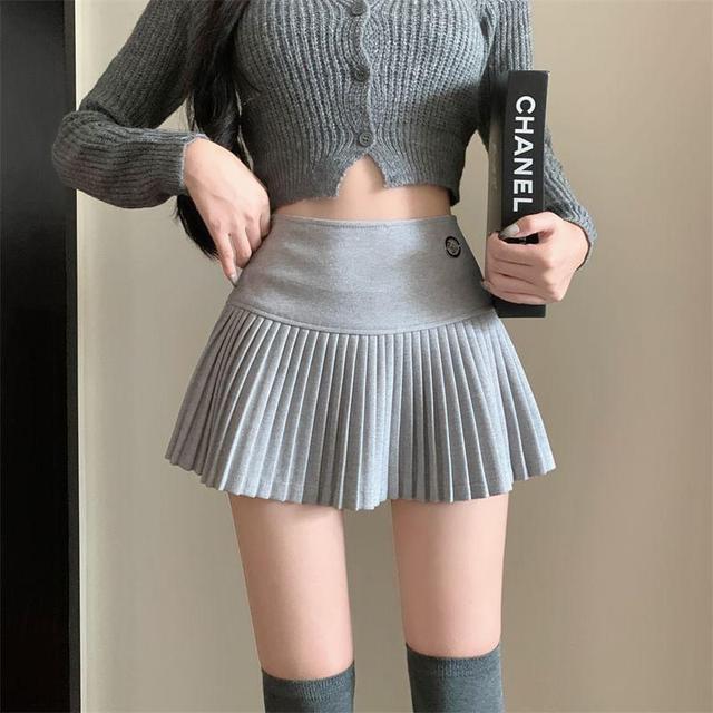 High Waist Plain Pleated Mini A-Line Skirt Product Image