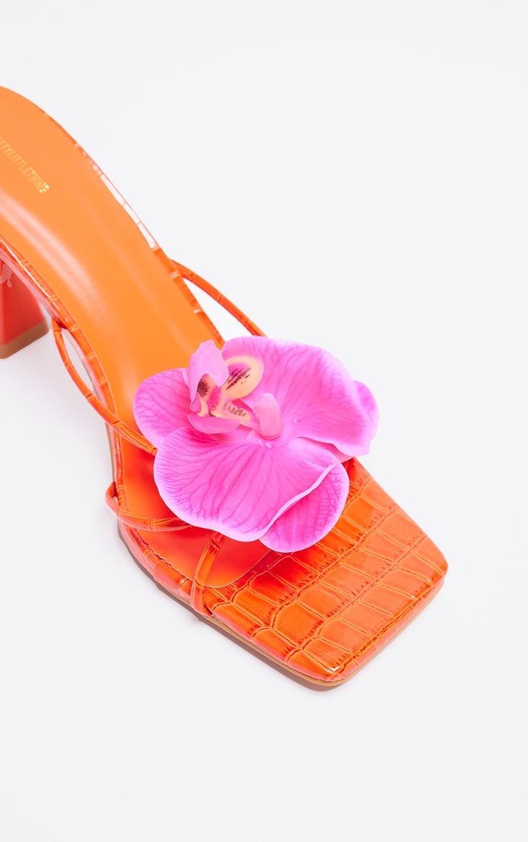 Orange Croc Pu Pink Flower Square Toe Heeled Mules Product Image