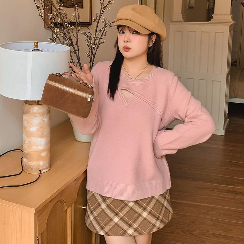 Crew Neck Plain Panel Cutout Sweater Product Image