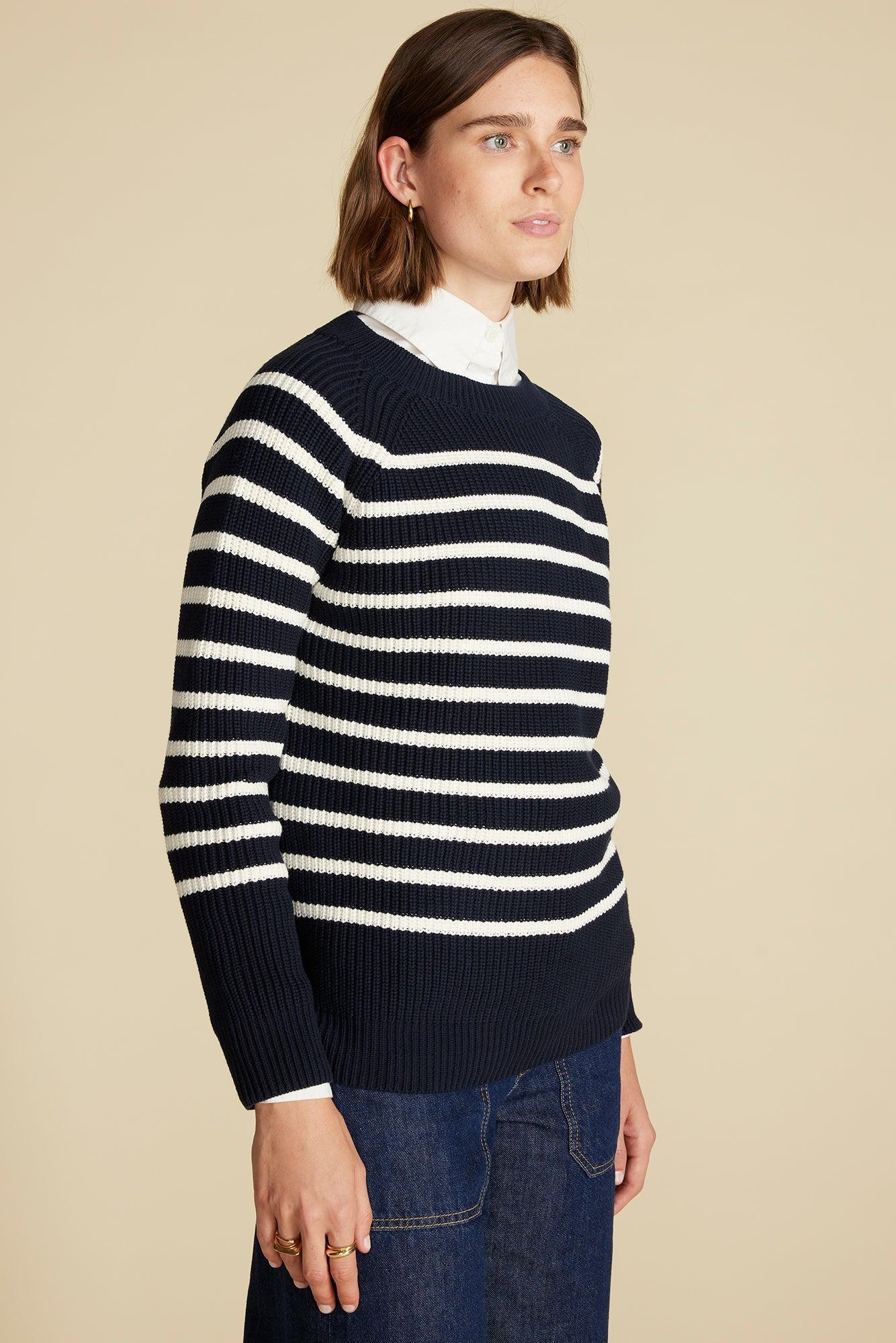 Layla Organic Cotton Sweater - Navy Blue and Ivory Stripe Product Image