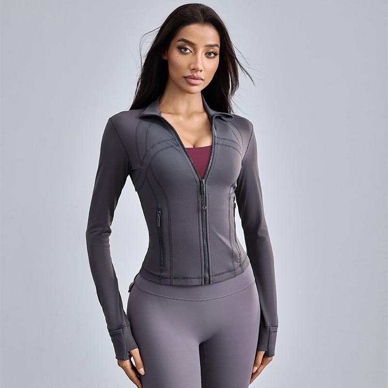 Stand Collar Plain Panel Zip Yoga Jacket Product Image