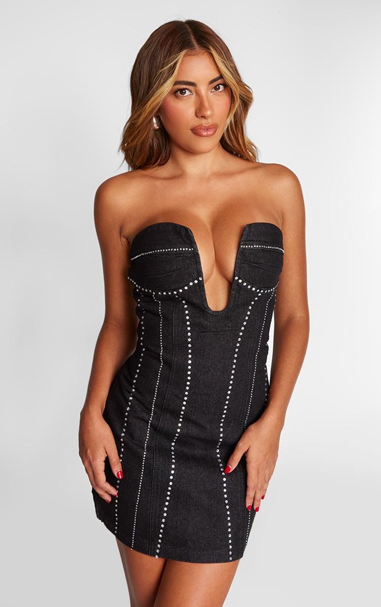 Washed Black Diamante Corset Denim Mini Dress Product Image