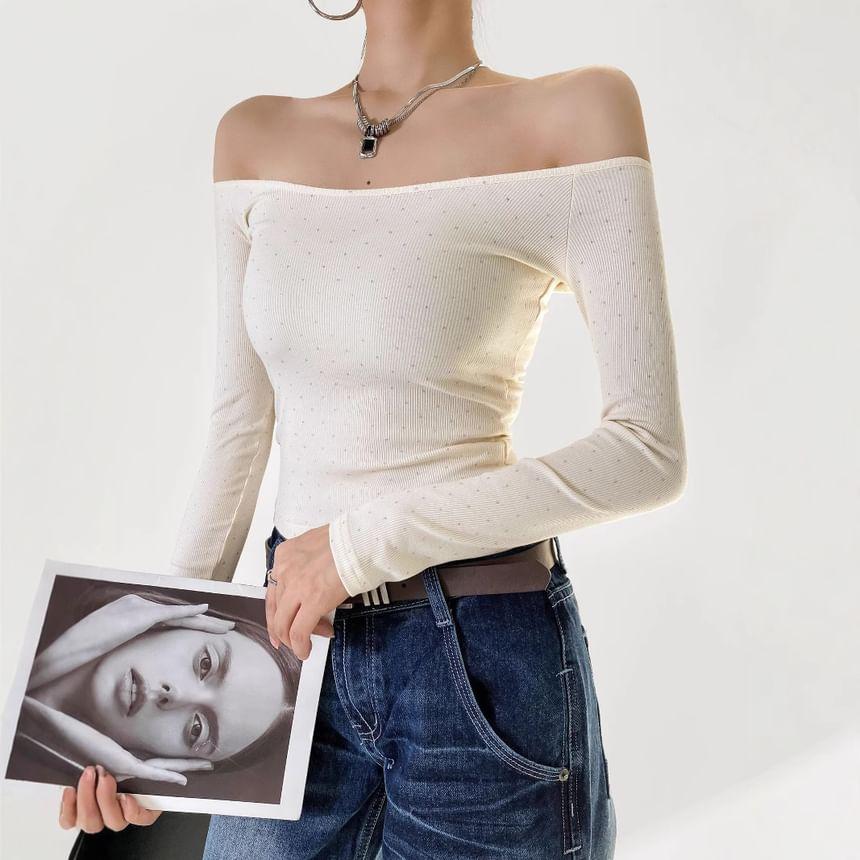 Long Sleeve Off-Shoulder Dotted Slim-Fit Crop Top Product Image