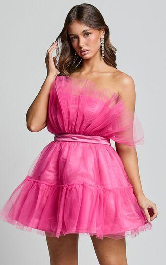 Amalya Mini Dress - Tiered Tulle Fit and Flare Dress in Hot Pink Product Image