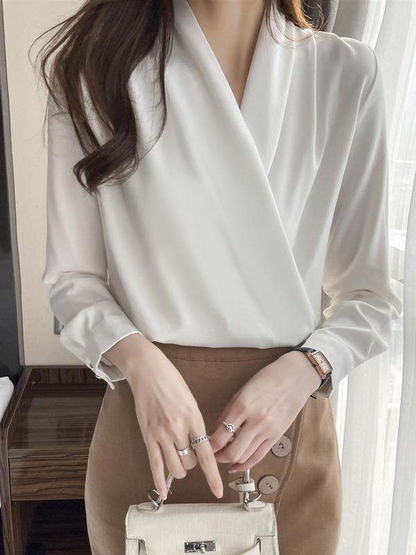 Long Sleeves Loose Buttoned Solid Color V-Neck Blouses&Shirts Tops Product Image