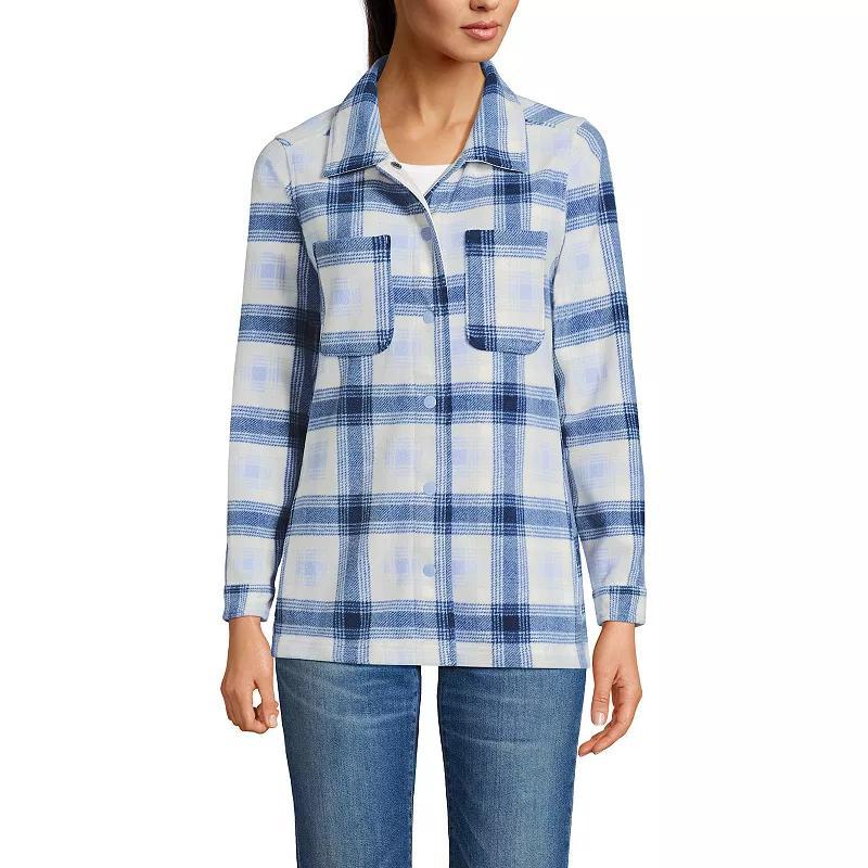 Womens Lands End Fleece Shacket Top Black Brown Plaid Product Image