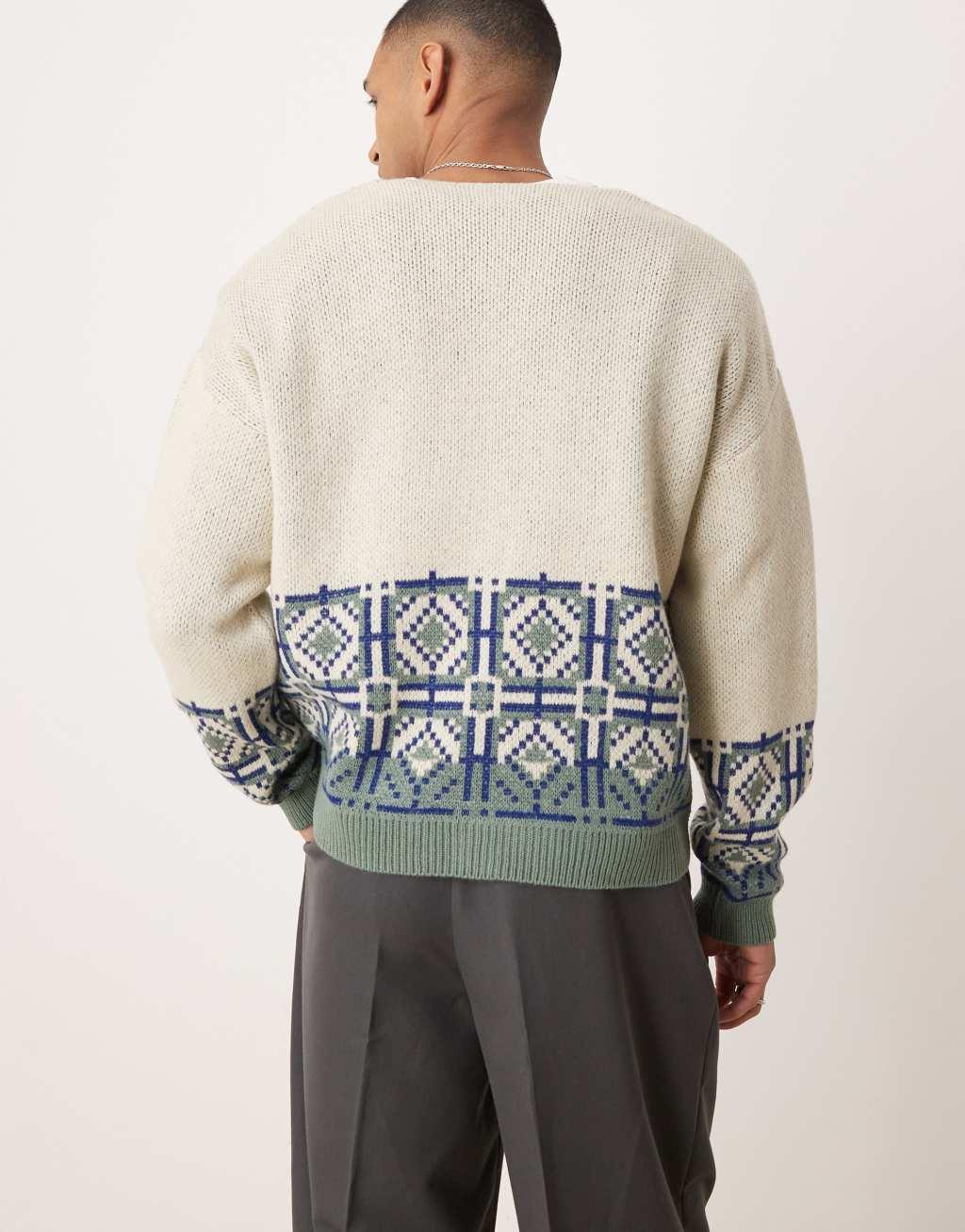 ASOS DESIGN relaxed boxy knit cardigan with geometric pattern in stone Product Image