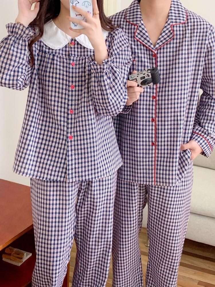 Couple Matching Pajama Set:  Long-Sleeve Collar Plaid Button Top + Pants (Various Designs) Product Image