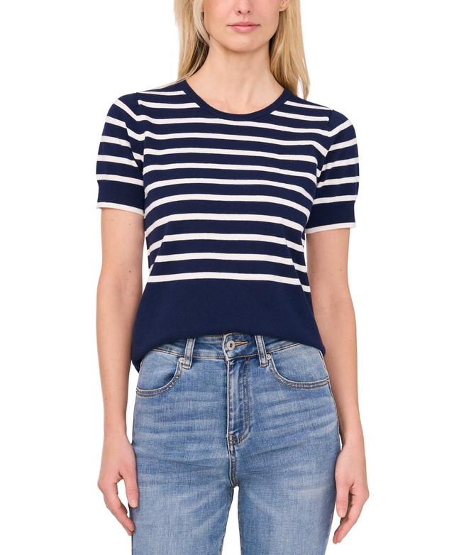 Women's Cotton Short-Sleeve Striped Crewneck Sweater Product Image