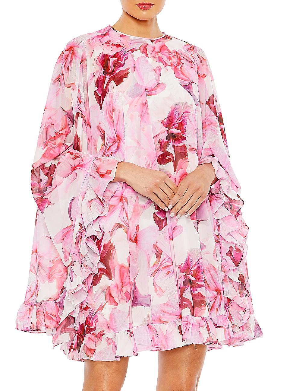 Ieena for Mac Duggal Marbleized Floral Long Sleeve Cape Minidress Product Image