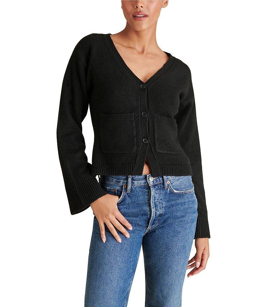 Steve Madden Odelia Knit V Neck Long Flare Sleeve Button Front Cardigan Product Image