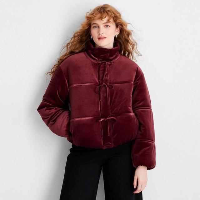 Womens Velvet Bow-Tie Puffer Jacket - Future Collective Burgundy Product Image