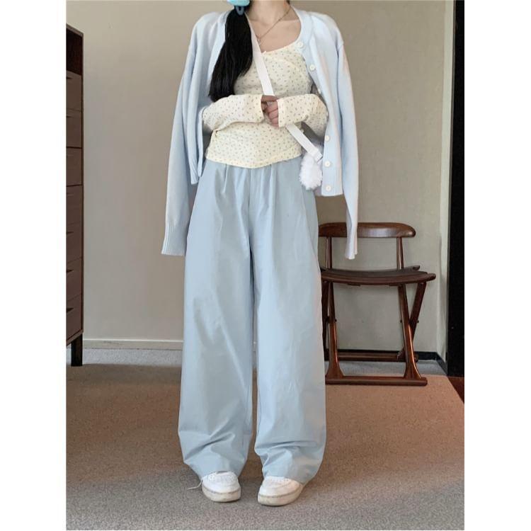 Round Neck Plain Button Cardigan / Mid Waist Plain Wide Leg Pants / Long-Sleeve Scoop Neck Floral Tee Product Image