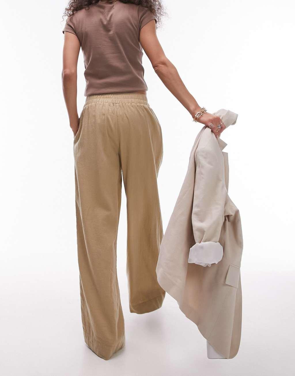 Topshop linen blend high waist pull on straight leg pants in sand Product Image