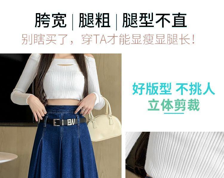 High Waist Washed Pleated Maxi A-Line Denim Skirt / Belt Product Image