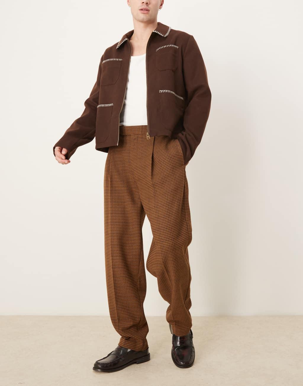 ASOS DESIGN pull on smart oversized tapered pants in brown wool mix herringbone Product Image