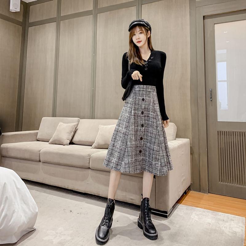 High Rise Plaid Button Accent Midi A-Line Skirt Product Image