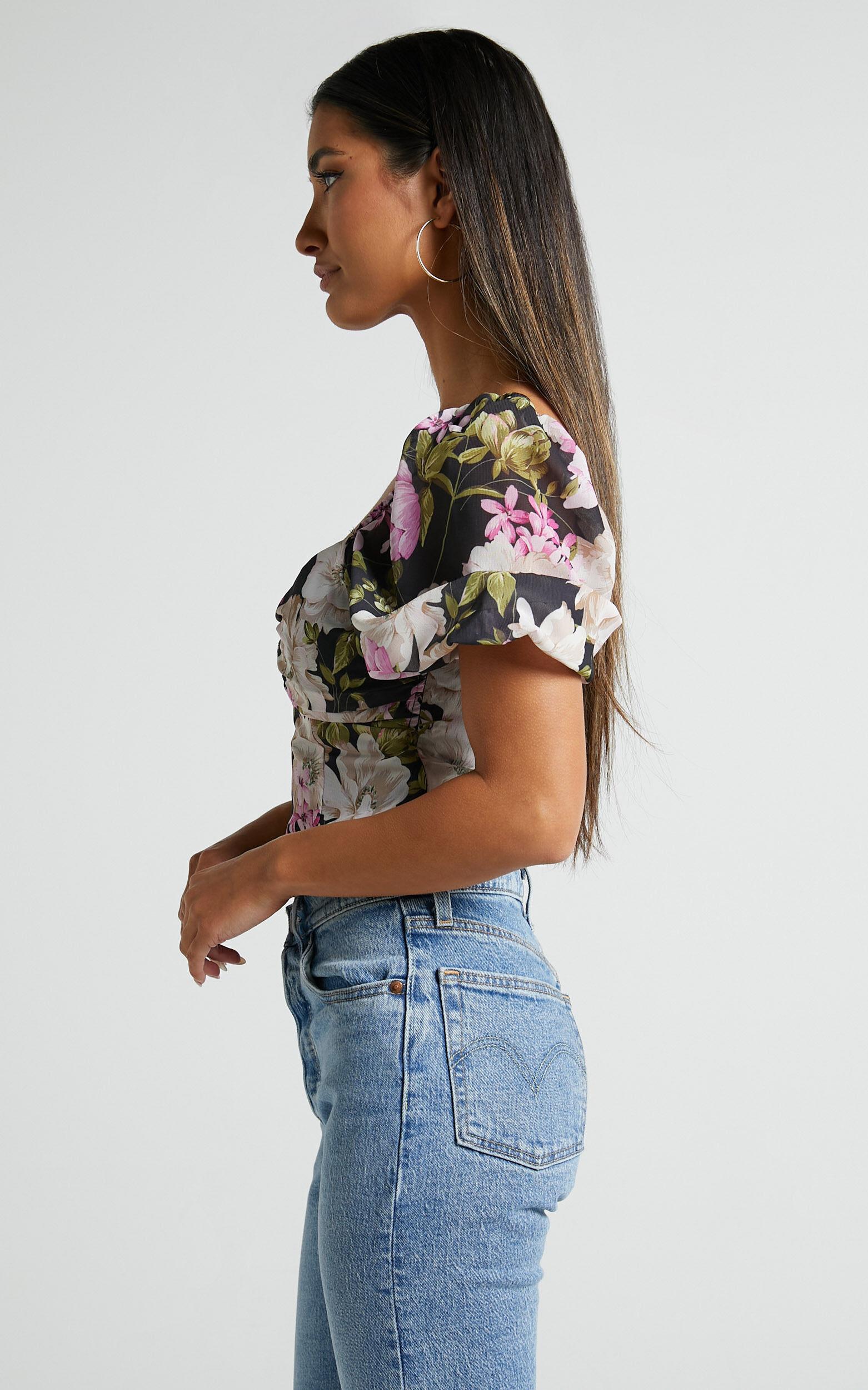 Alex Bodysuit - Short Puff Sleeve Bodysuit in Midnight Floral Product Image