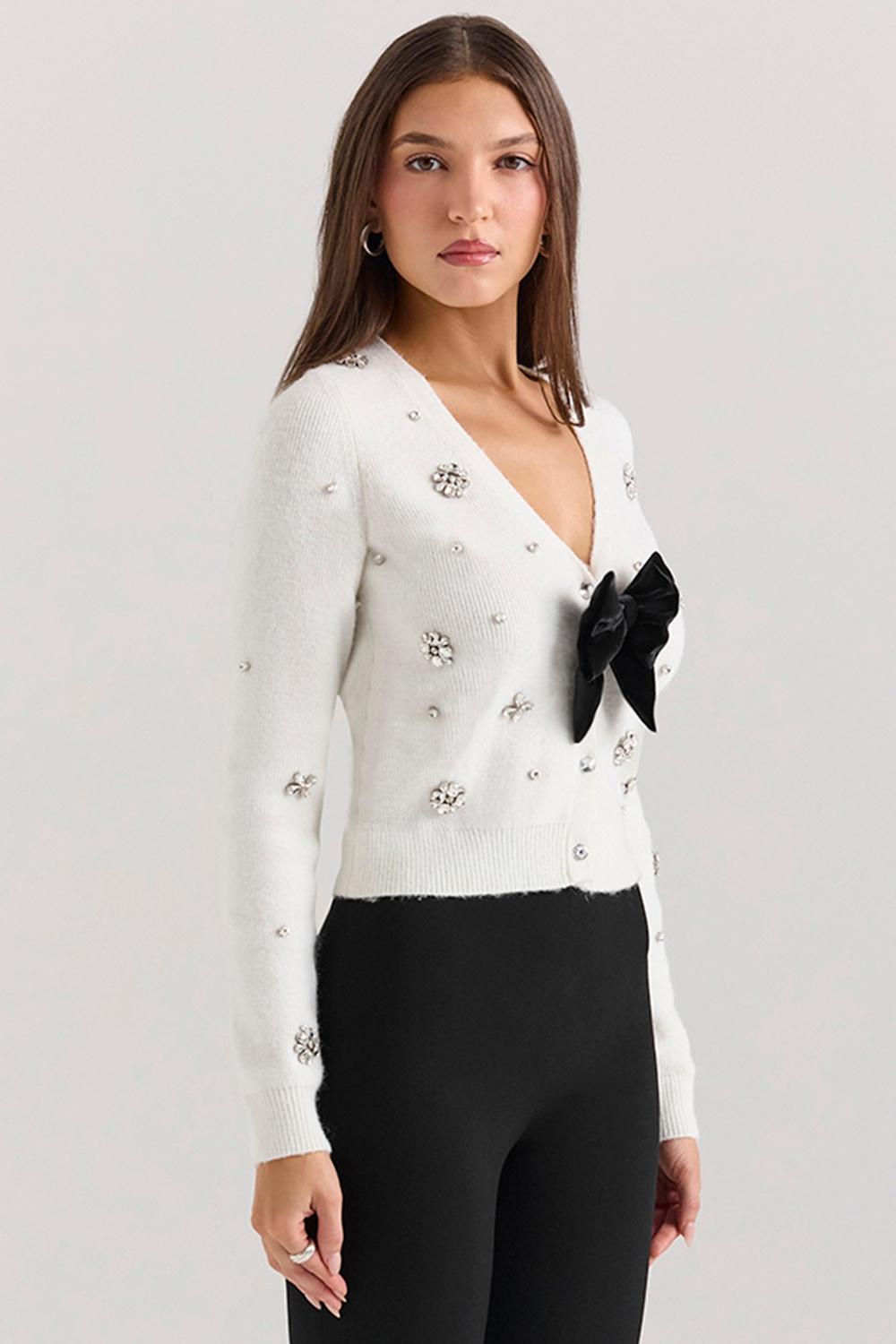 Beaubella Ivory Soft Mohair Embellished Cardigan Product Image