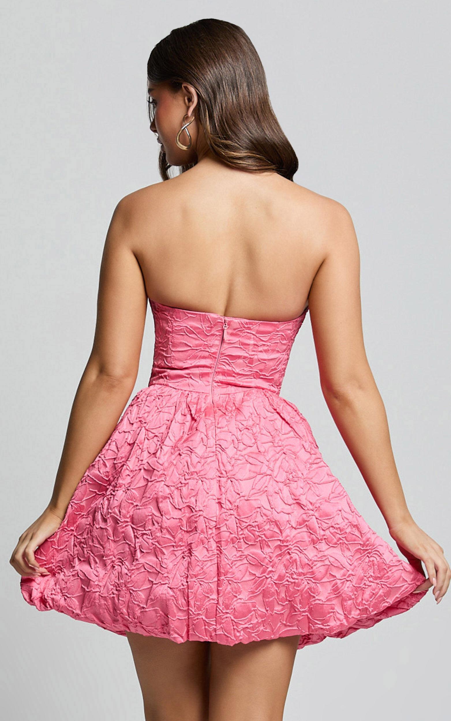 Inez Mini Dress - Jacquard Strapless Bubble Hem Dress in Pink Product Image