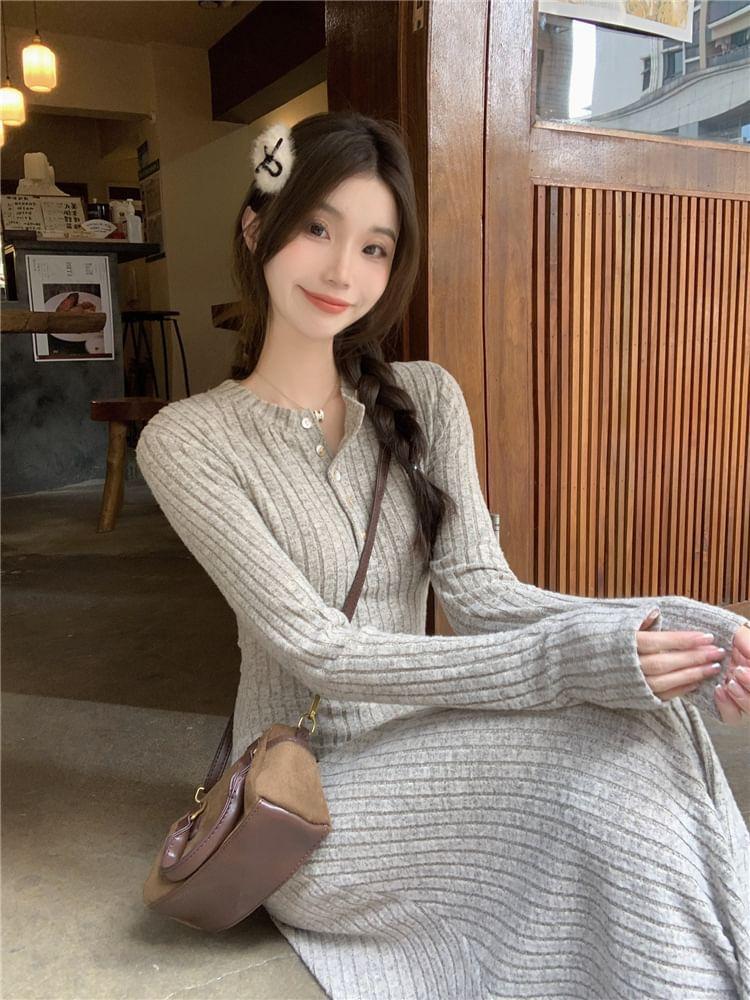 Long-Sleeve Henley Melange Ribbed Midi A-Line Knit Dress Product Image