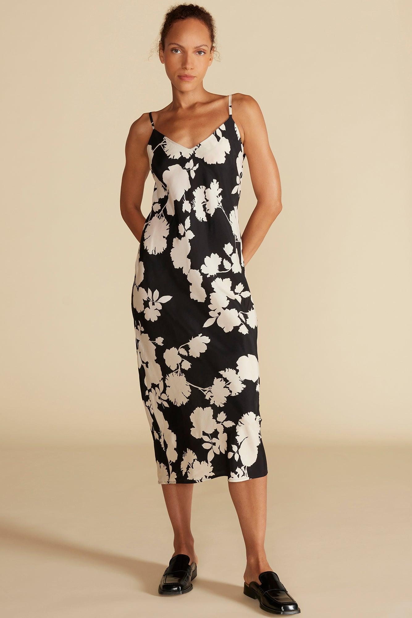 Eloise Cupro Slip Dress - Black and Ivory Rose Print Product Image