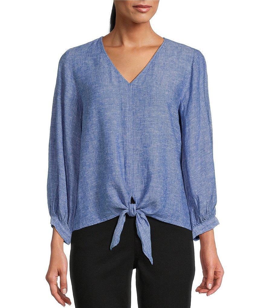 Westbound Petite Size Woven 3/4 Sleeve V-Neck Pullover Tie Front Top Product Image