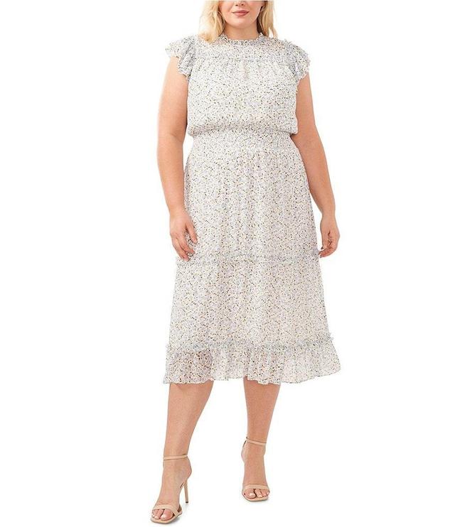 CeCe Plus Size Floral Print Flutter Cap Sleeve Ruffle Crew Neck Smocked Waist Tiered A-Line Midi Dress Product Image