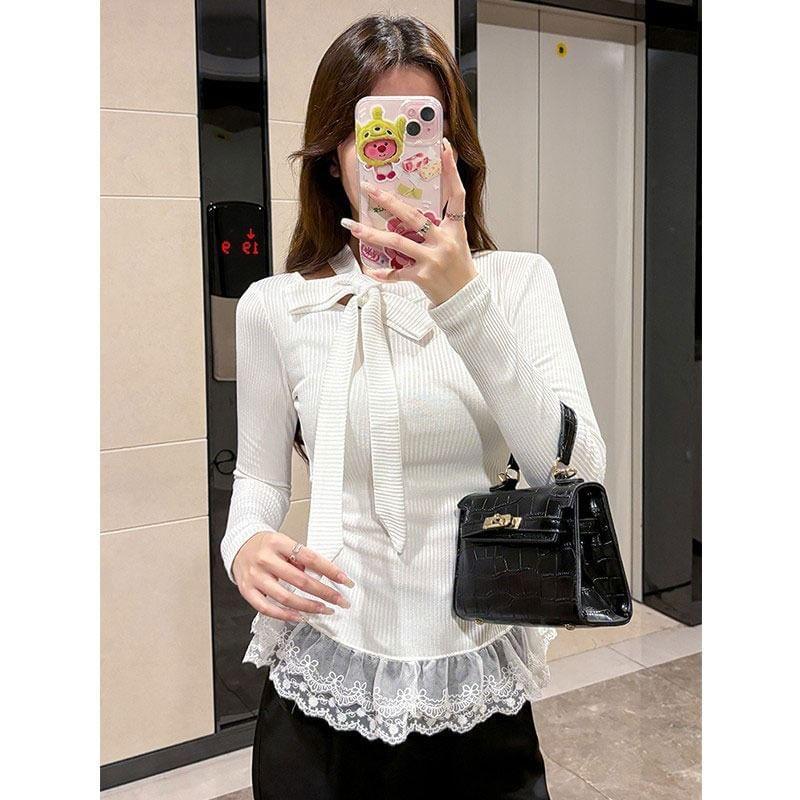 Long Sleeve Bow Accent Lace Panel Ribbed-Knit Slim-Fit Top Product Image