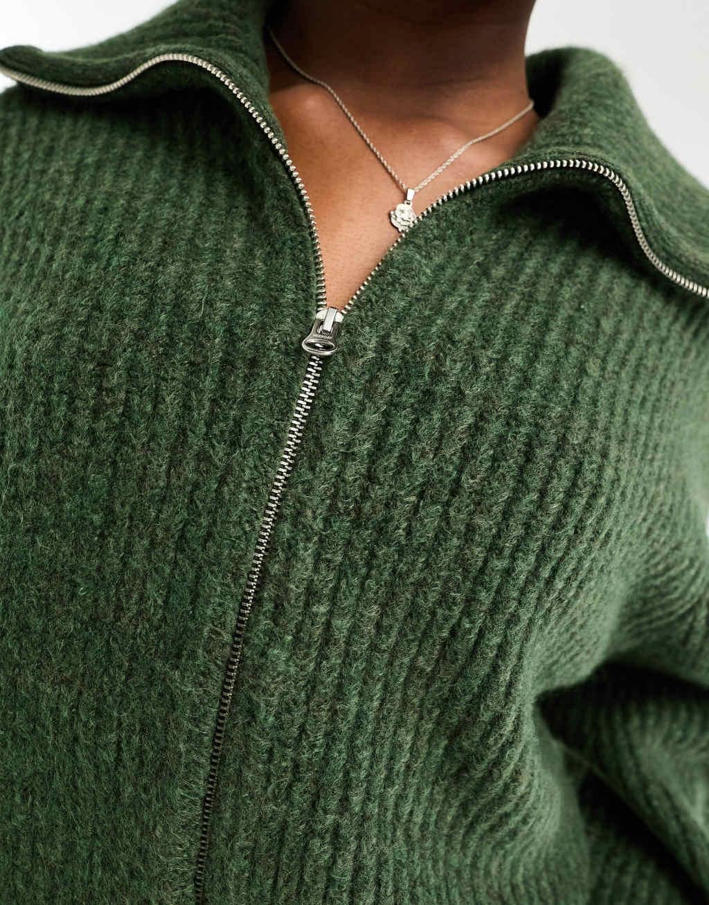 Weekday Bea zip through high neck cardigan in dark green melange Product Image