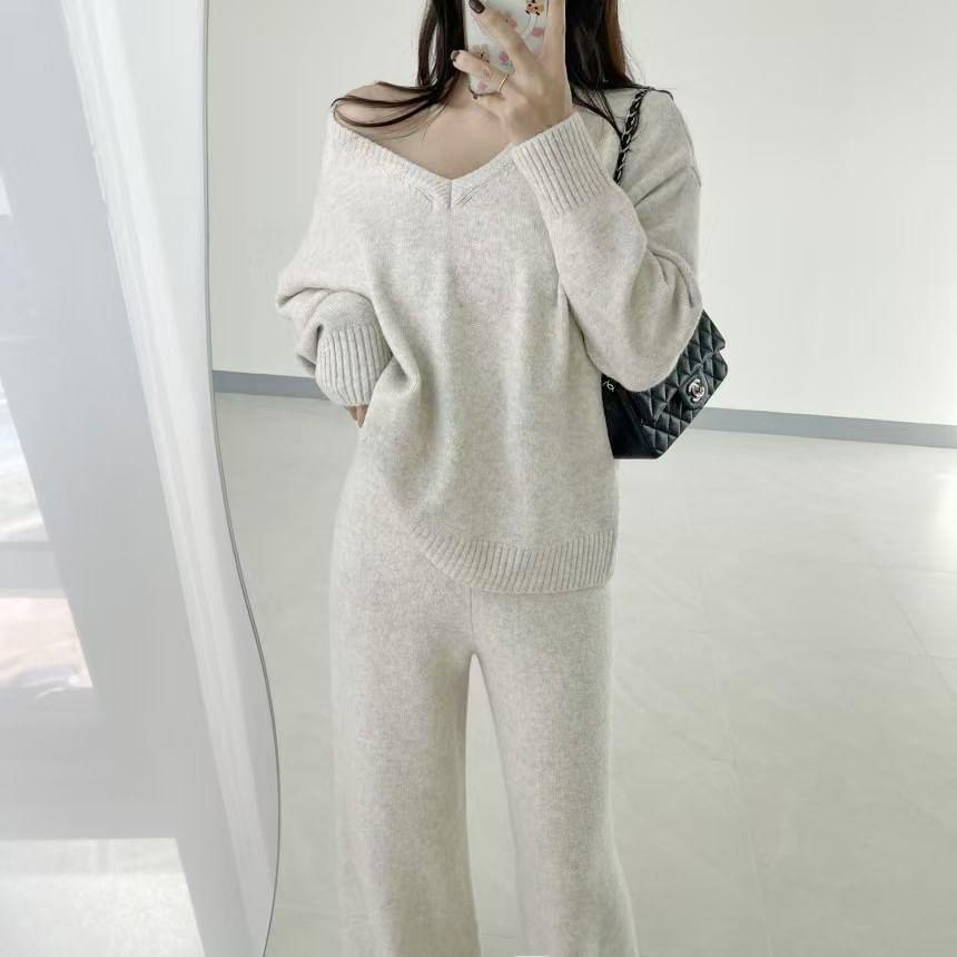 Set: V-Neck Plain Sweater + Knit Pants Product Image