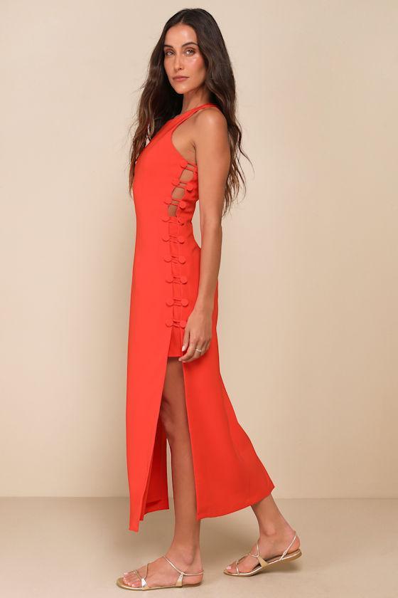 Masterfully Mod Bright Orange Side Button Midi Dress Product Image