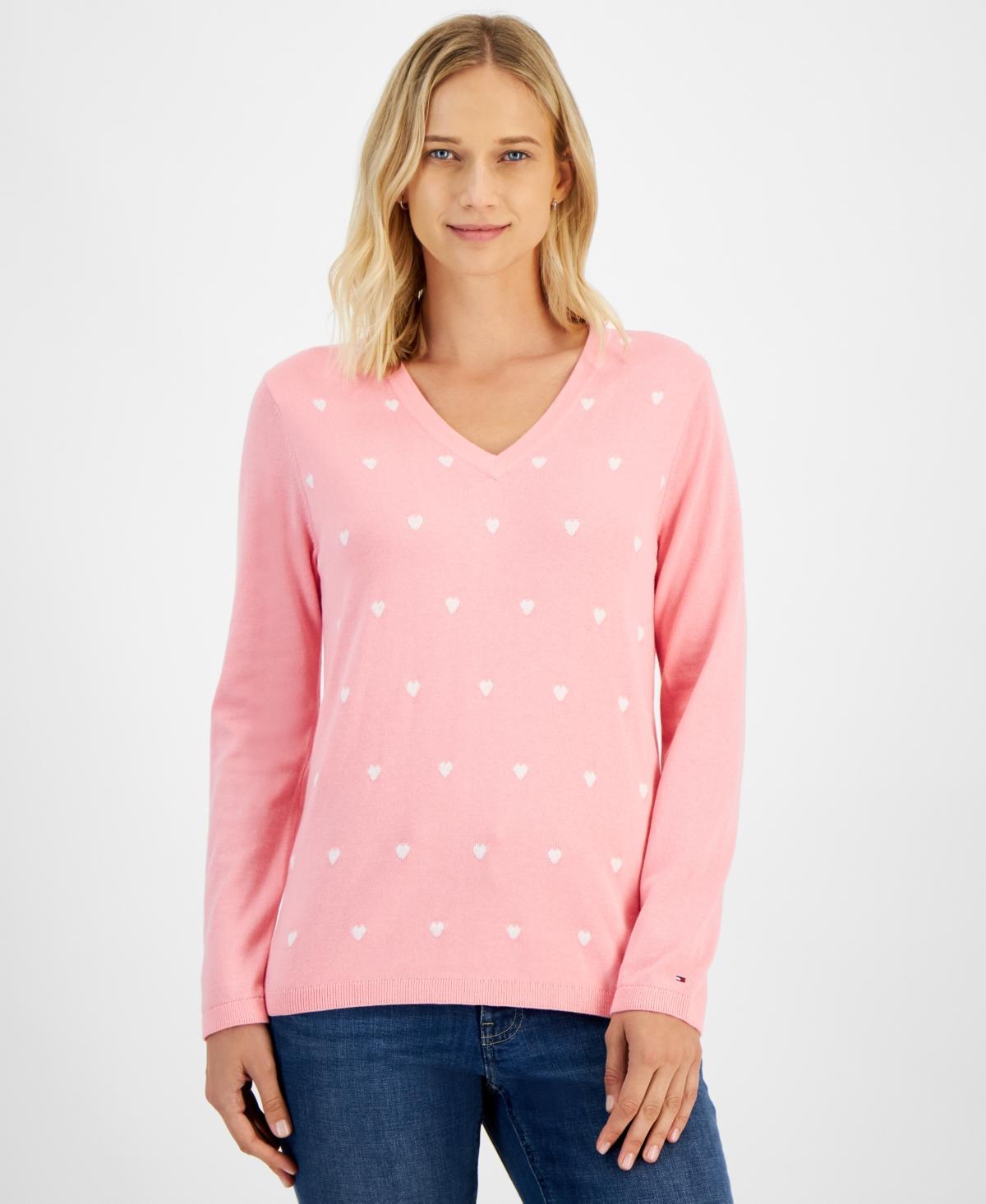 Tommy Hilfiger Womens Heart Print V-Neck Long-Sleeve Cotton Sweater Product Image