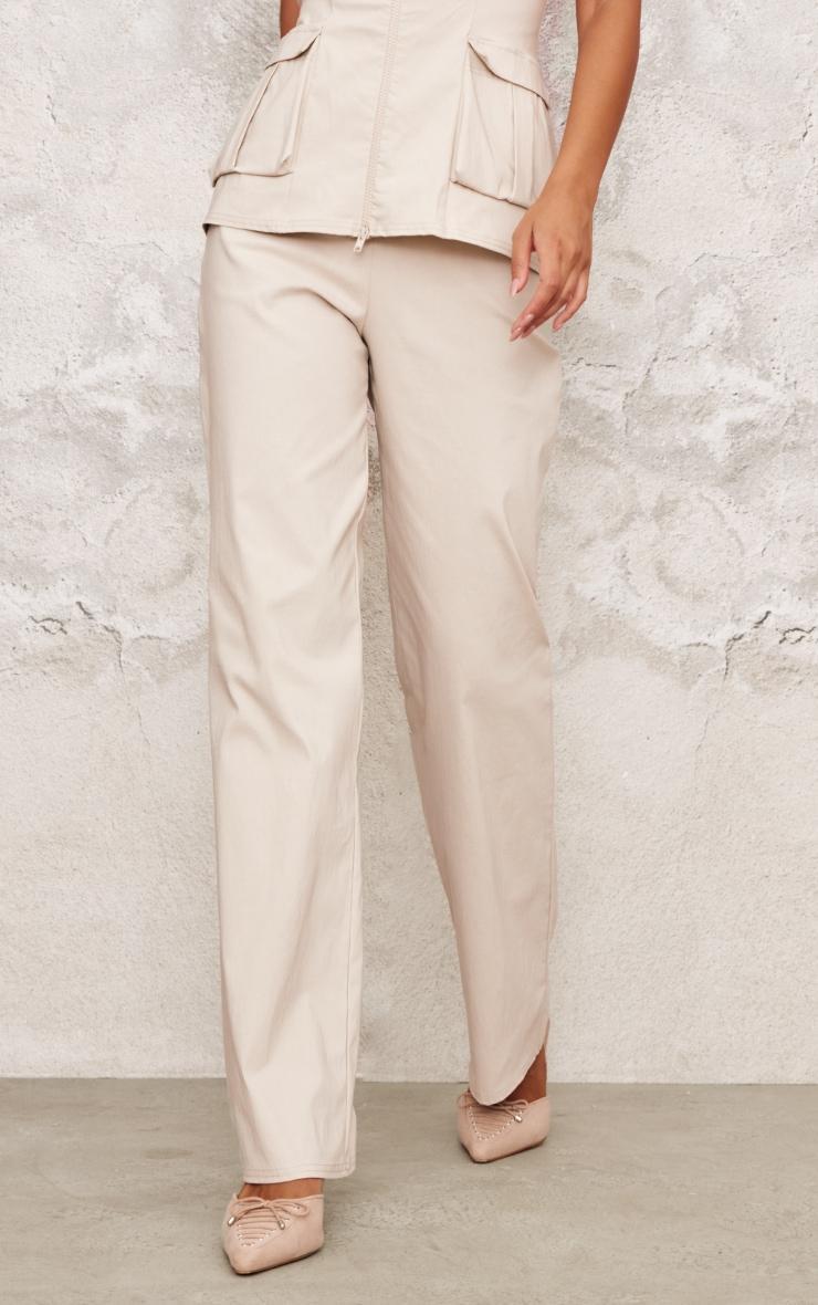 Beige Bengaline Straight Leg Trousers Product Image