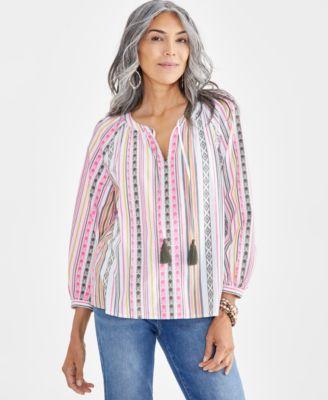 Petite Mountain Stripe Popover Peasant Blouse, Created for Macy's Product Image