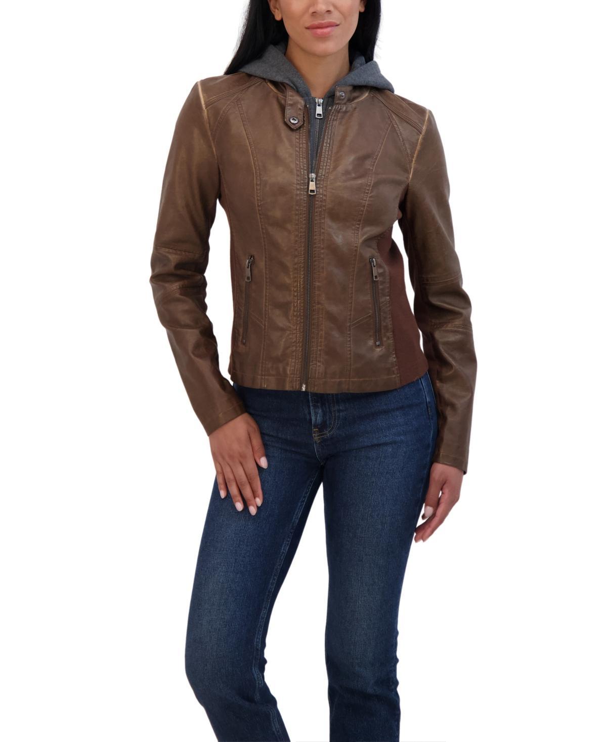 Sebby Collection Womens Zip Front Faux Leather Jacket With Removeable Hood Bib Product Image