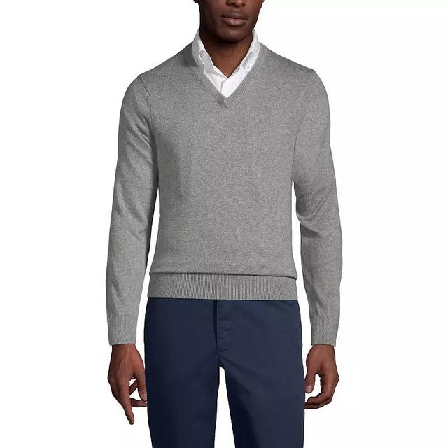 Mens Lands End School Uniform Fine Gauge V-neck Sweater Pewter Grey Product Image