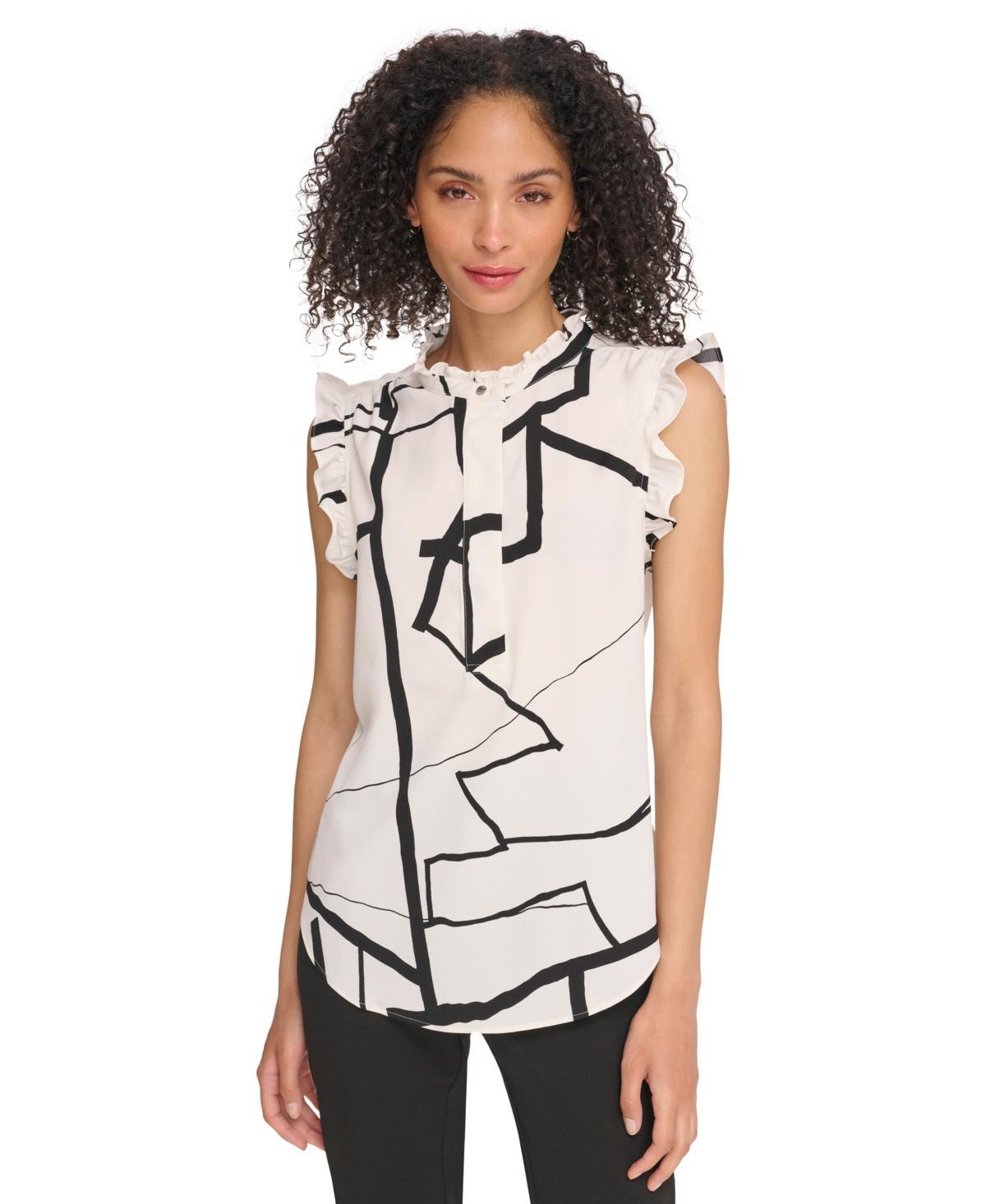 Dkny Womens Printed Ruffle-Sleeve Half-Placket Blouse - Ivory Product Image