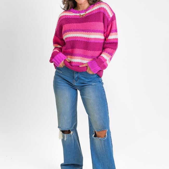 All the Good Magenta Striped Crew Neck Sweater FINAL SALE Product Image