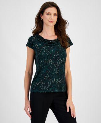 Petite Printed Short-Sleeve Cowl-Neck Top Product Image